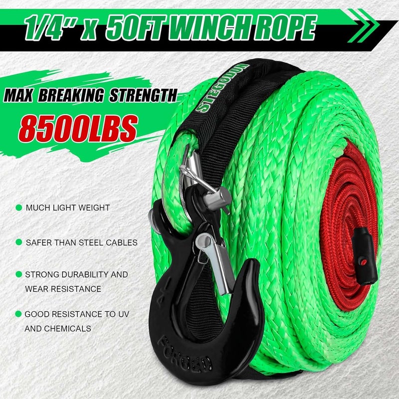 STEGODON 1/4 inch X 50 ft Synthetic Winch Rope Kit,10000 LBS Winch Line Cable with Protective Sleeve+Winch Hook+Safety Pull Strap for Off Road Vehicle ATV UTV（Green） - Image 4